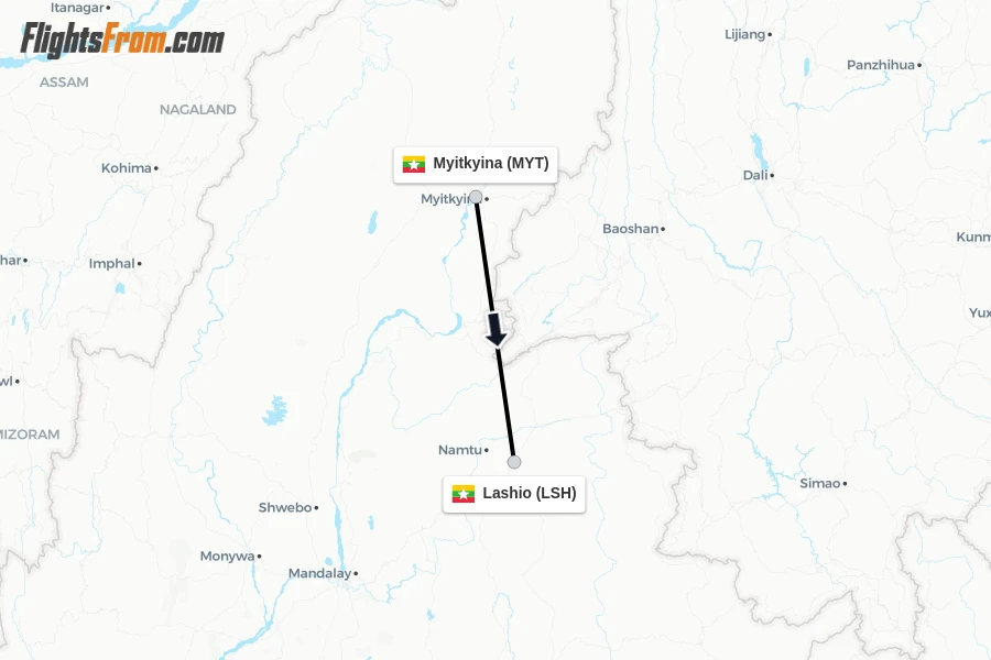 Flights from Myitkyina to Lashio route map