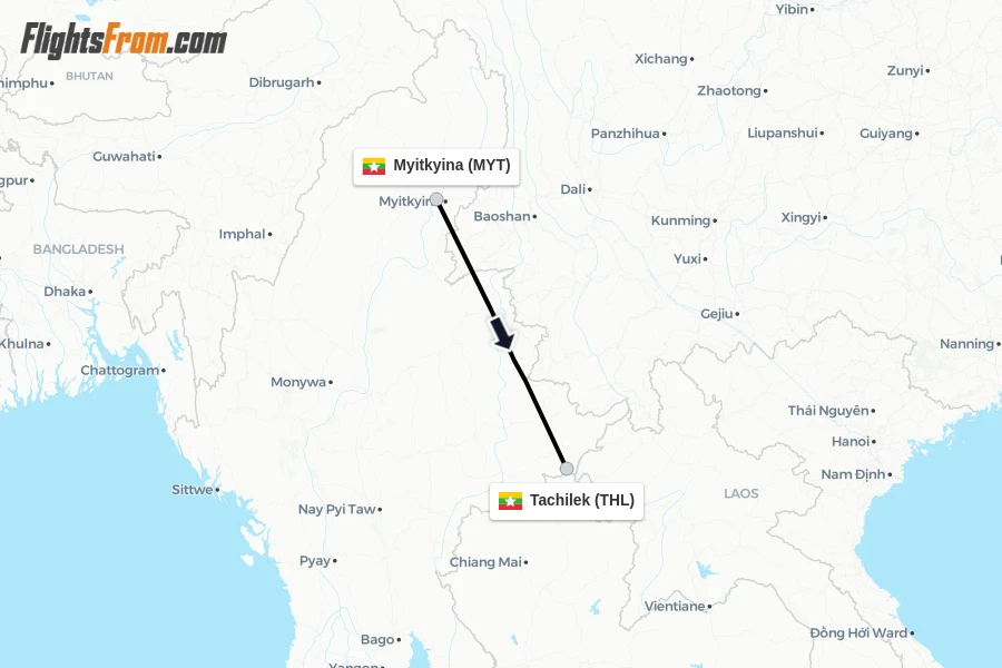 Flights from Myitkyina to Tachilek route map