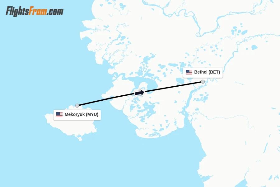 Flights from Mekoryuk to Bethel route map