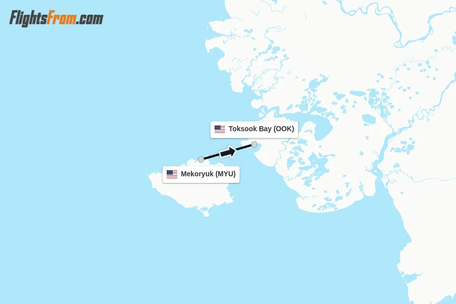 Flights from Mekoryuk to Toksook Bay route map