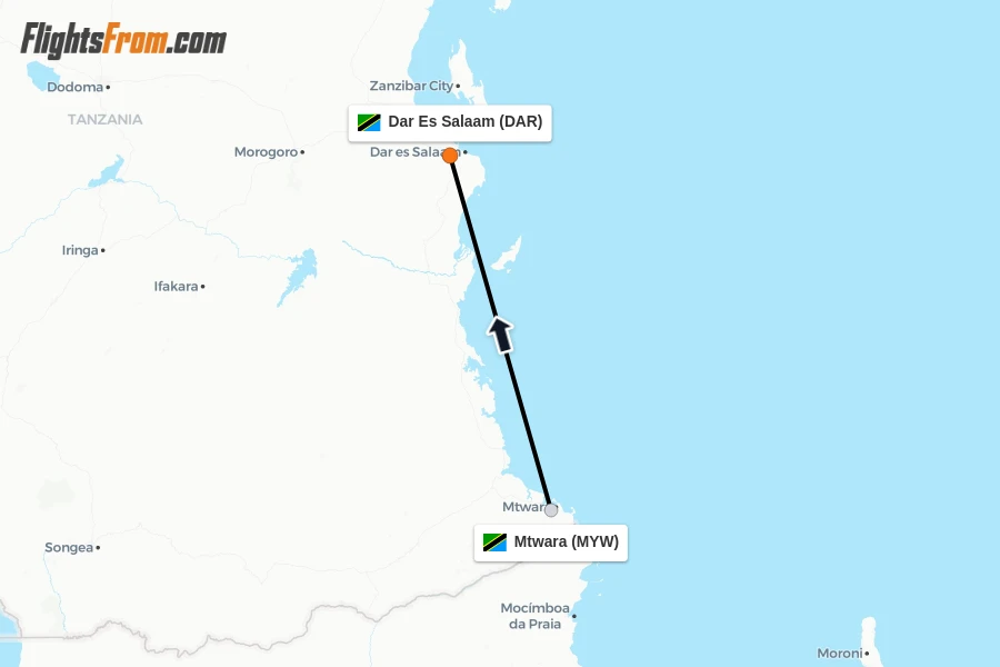 Flights from Mtwara to Dar Es Salaam route map