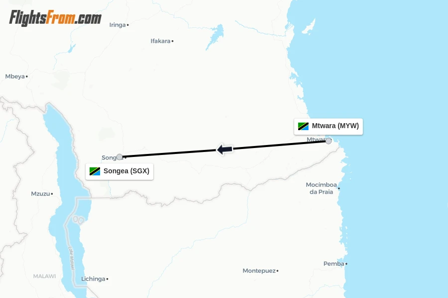Flights from Mtwara to Songea route map