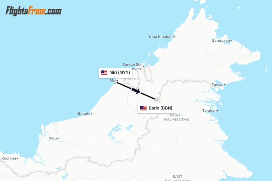 Flights from Miri to Bario route map