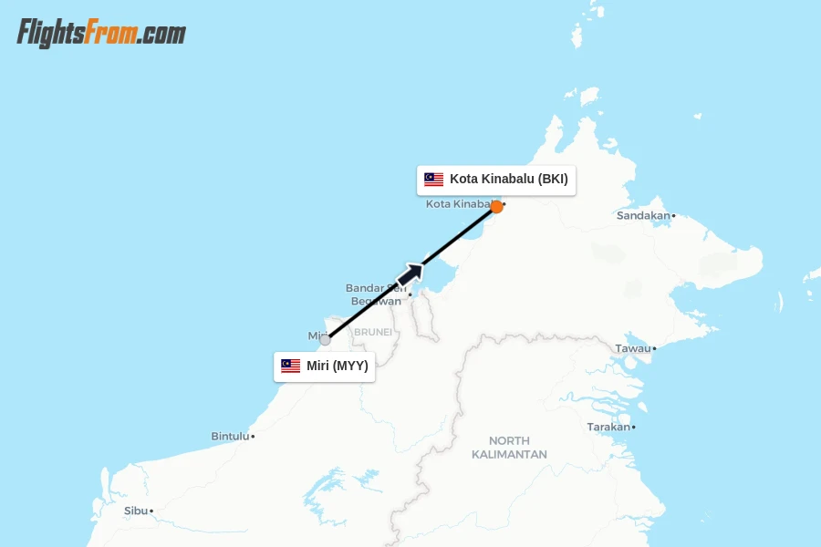 Flights from Miri to Kota Kinabalu route map