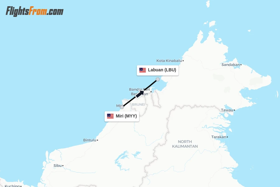 Flights from Miri to Labuan route map