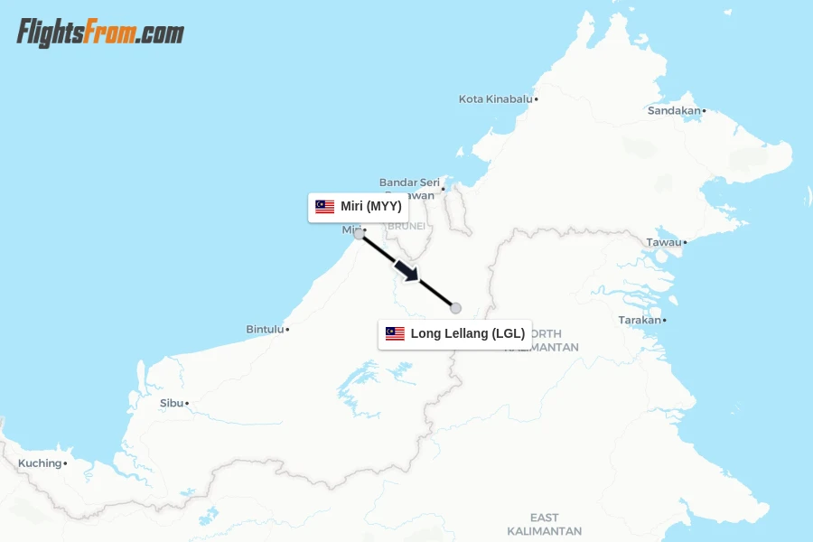 Flights from Miri to Long Lellang route map