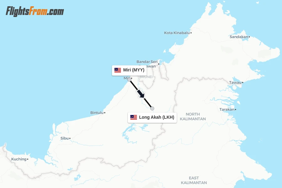 Flights from Miri to Long Akah route map