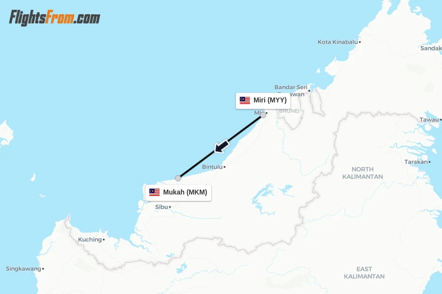 Flights from Miri to Mukah route map