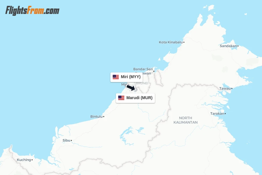 Flights from Miri to Marudi route map