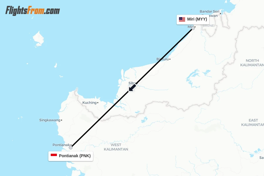 Flights from Miri to Pontianak route map