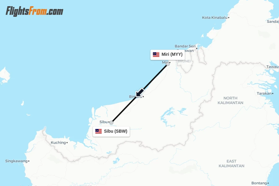 Flights from Miri to Sibu route map