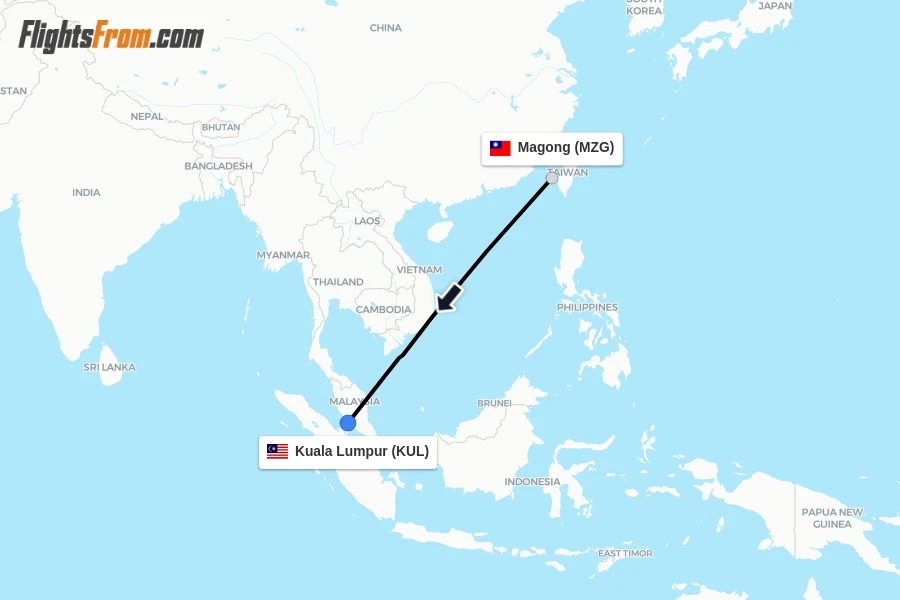 Flights from Magong to Kuala Lumpur route map