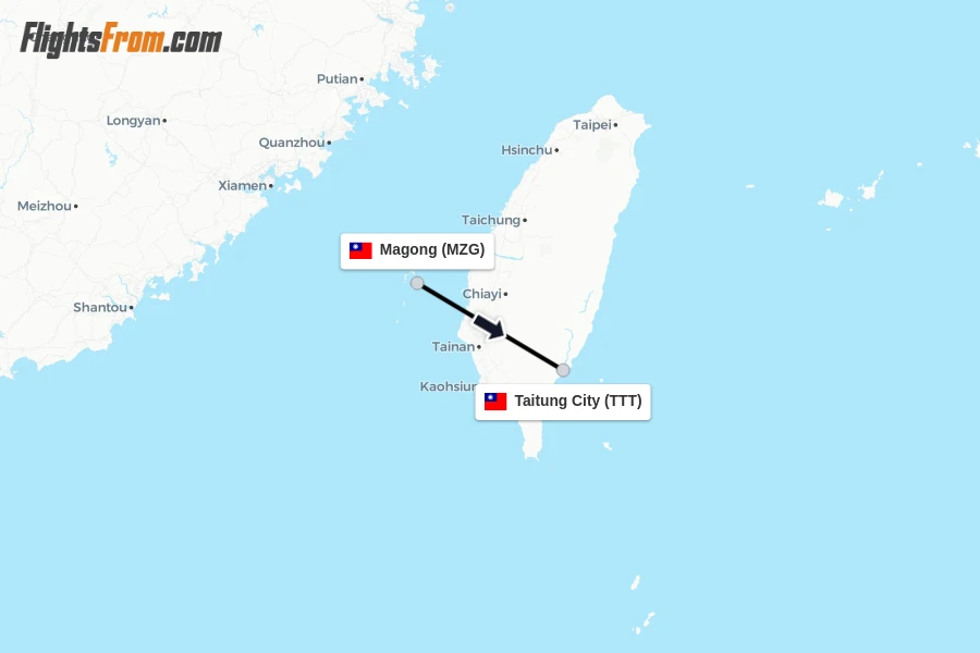 Flights from Magong to Taitung City route map