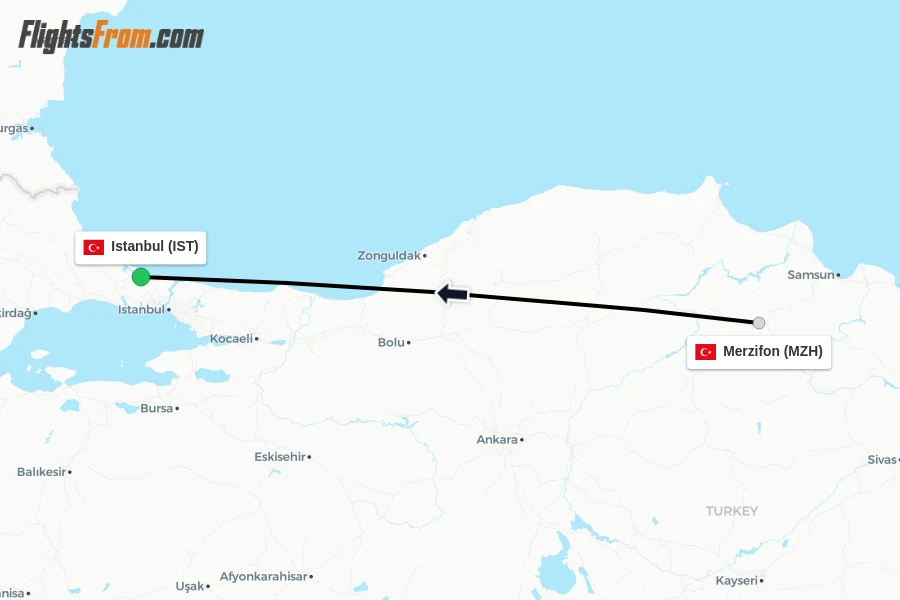 Flights from Merzifon to Istanbul route map