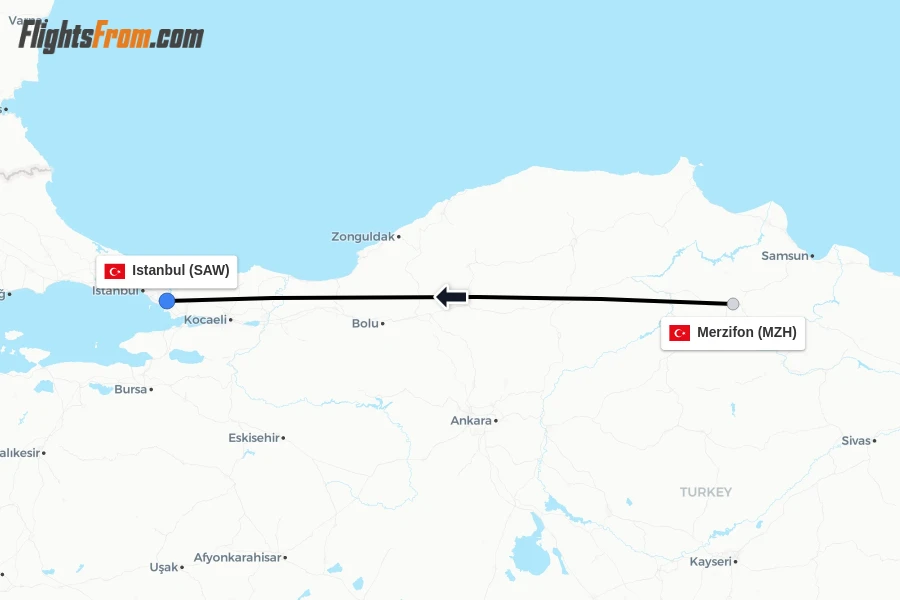 Flights from Merzifon to Istanbul route map