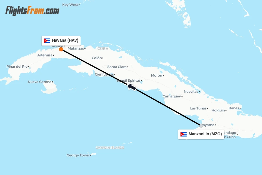 Flights from Manzanillo to Havana route map