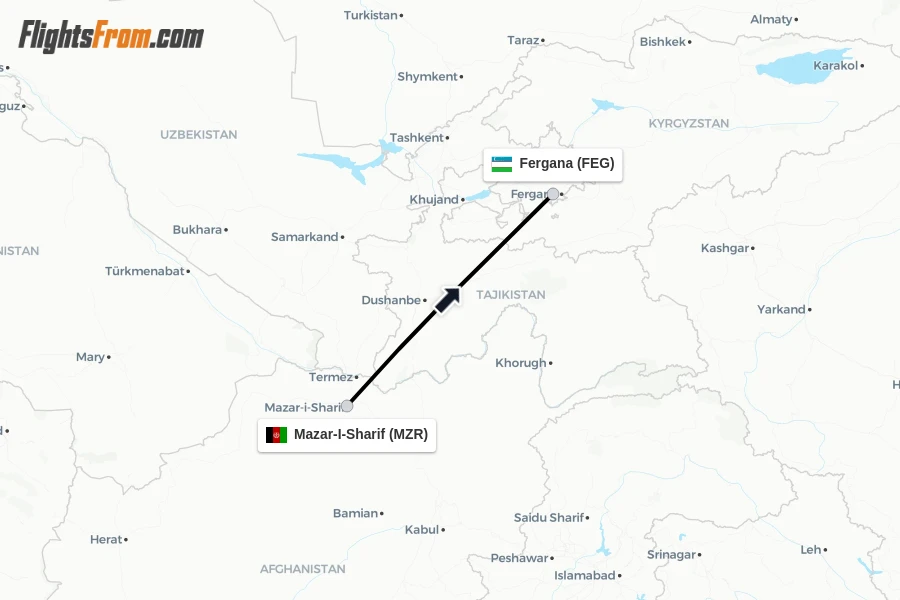 Flights from Mazar-I-Sharif to Fergana route map