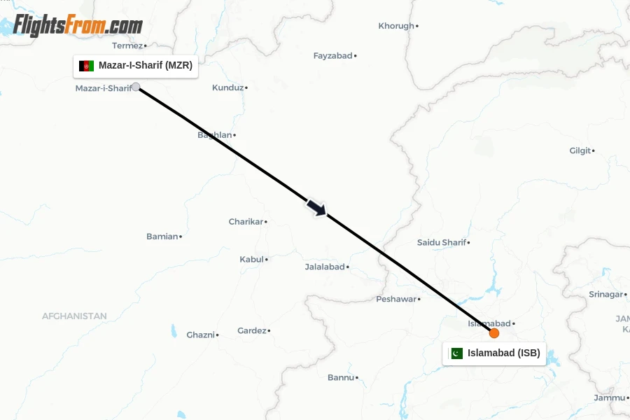 Flights from Mazar-I-Sharif to Islamabad route map