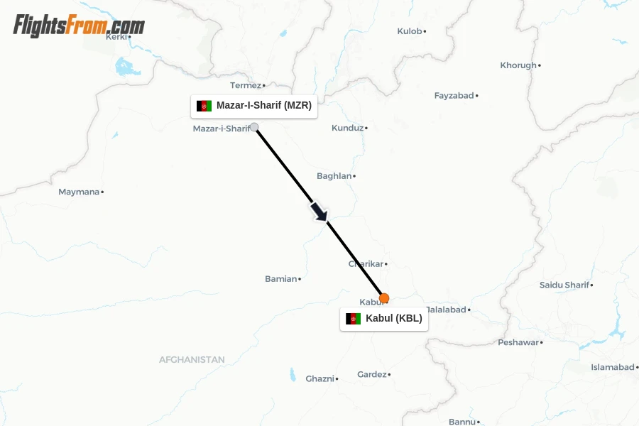 Flights from Mazar-I-Sharif to Kabul route map