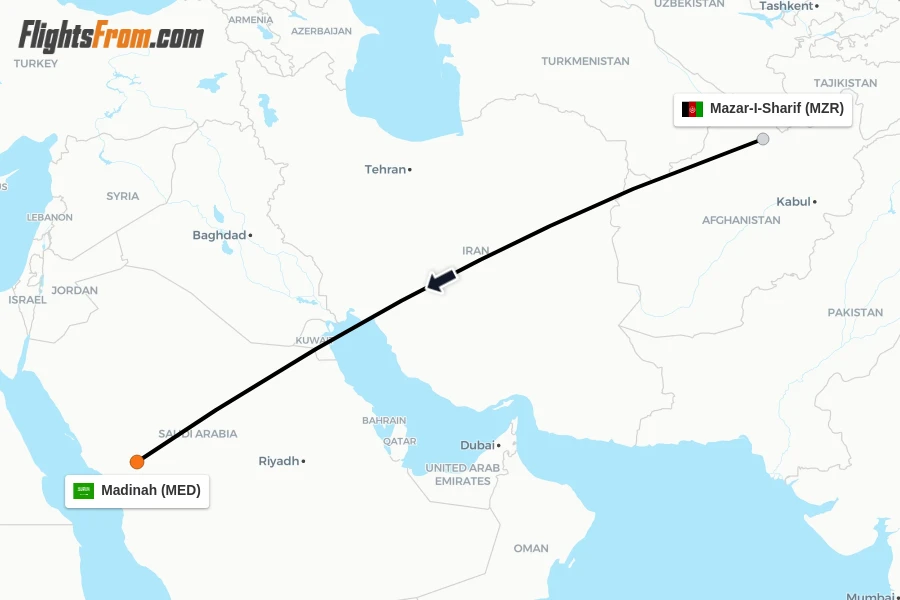 Flights from Mazar-I-Sharif to Madinah route map