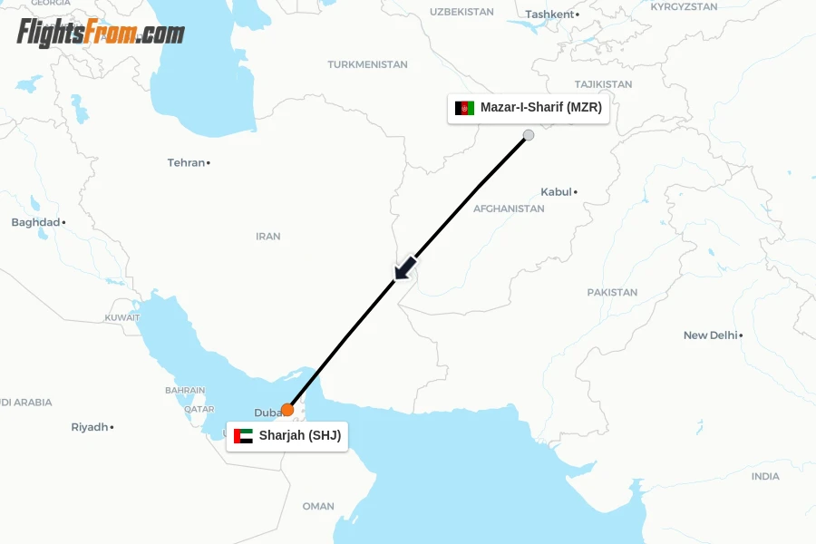 Flights from Mazar-I-Sharif to Sharjah route map
