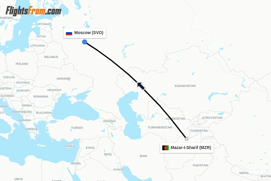 Flights from Mazar-I-Sharif to Moscow route map
