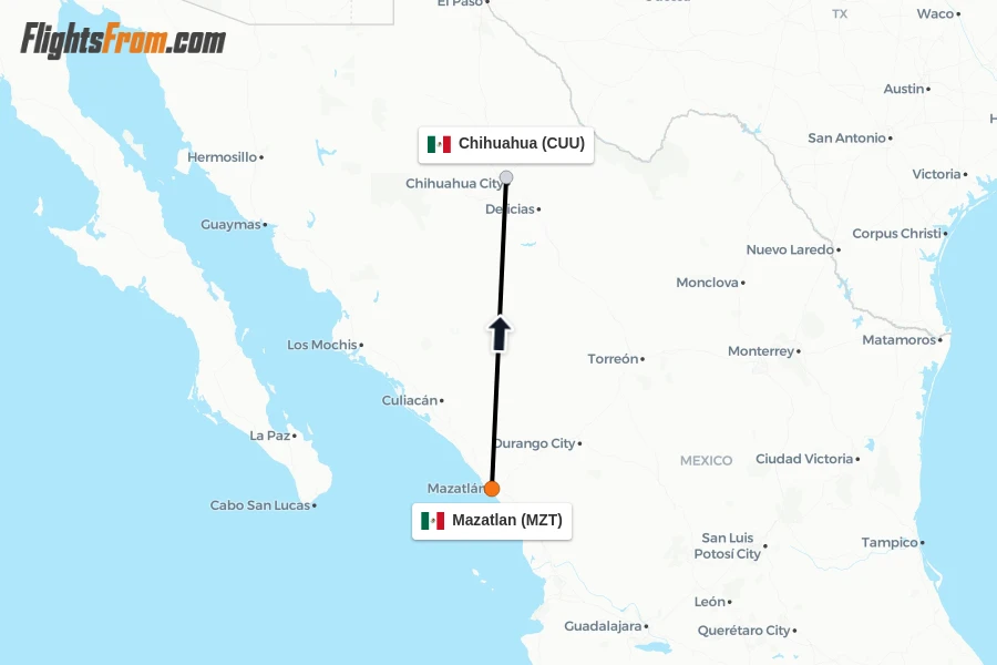 Flights from Mazatlan to Chihuahua route map