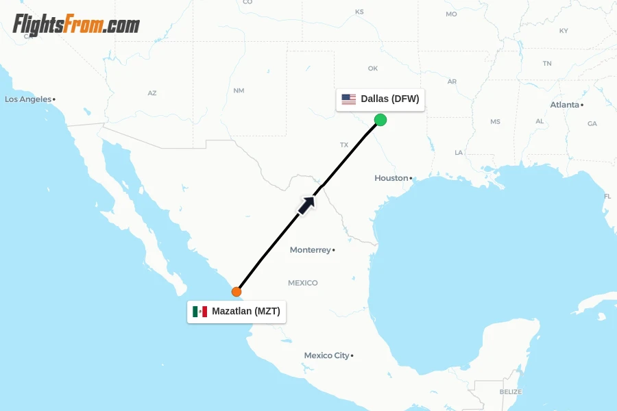 Flights from Mazatlan to Dallas route map