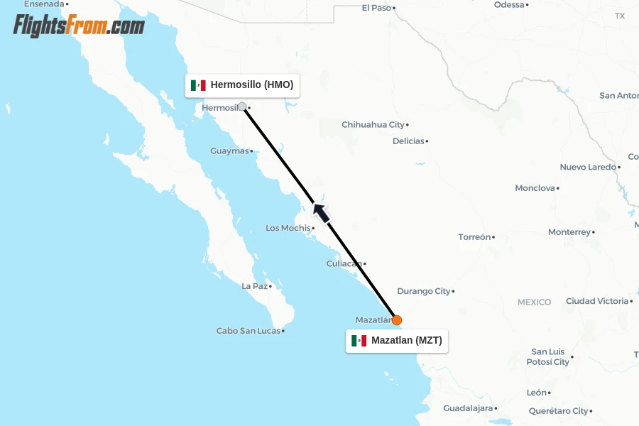 Flights from Mazatlan to Hermosillo route map