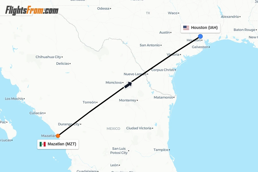 Flights from Mazatlan to Houston route map