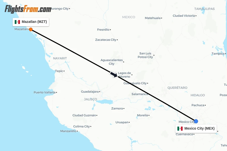 Flights from Mazatlan to Mexico City route map