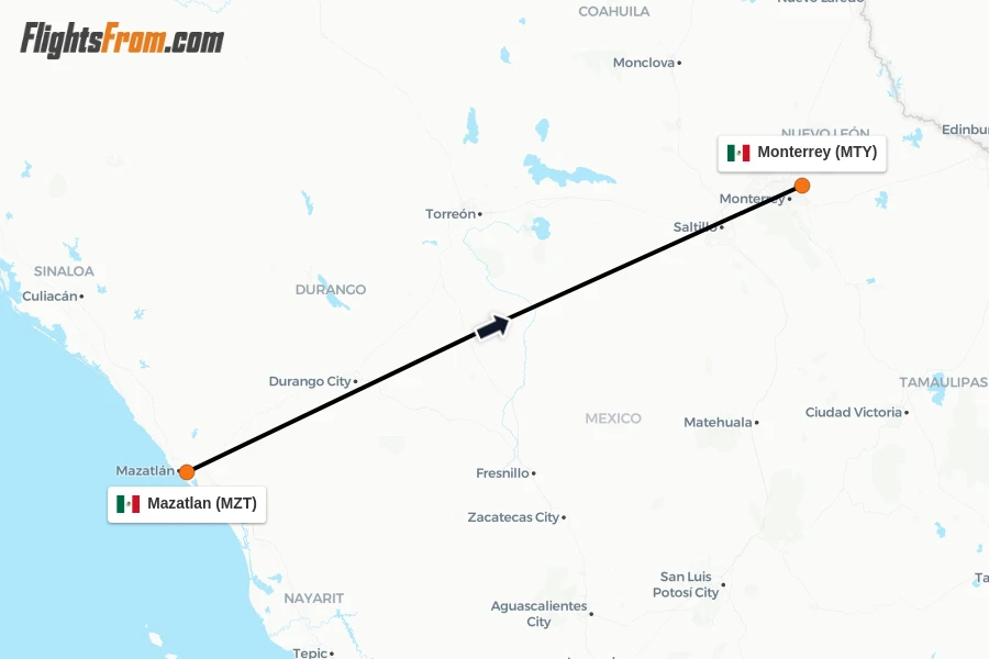 Flights from Mazatlan to Monterrey route map