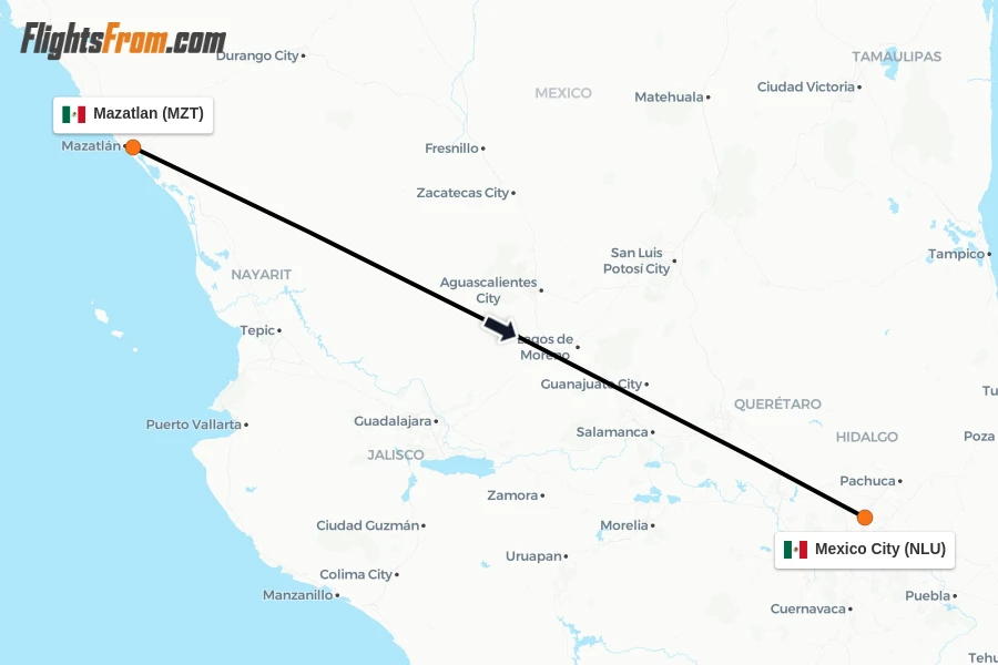 Flights from Mazatlan to Mexico City route map