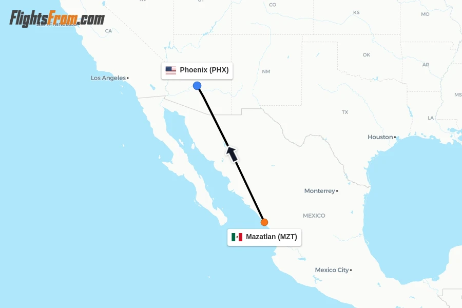 Flights from Mazatlan to Phoenix route map