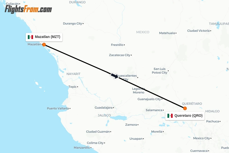 Flights from Mazatlan to Queretaro route map