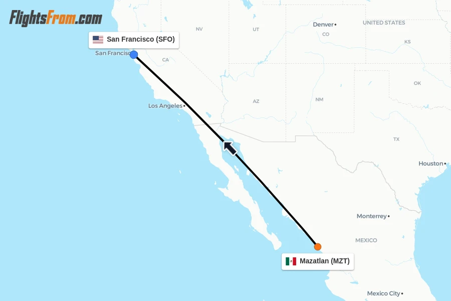 Flights from Mazatlan to San Francisco route map
