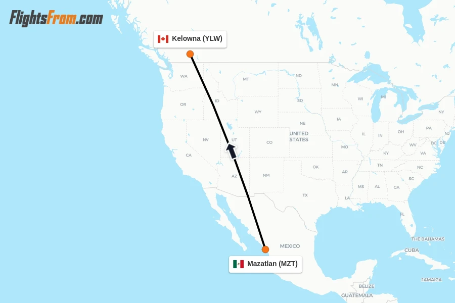 Flights from Mazatlan to Kelowna route map