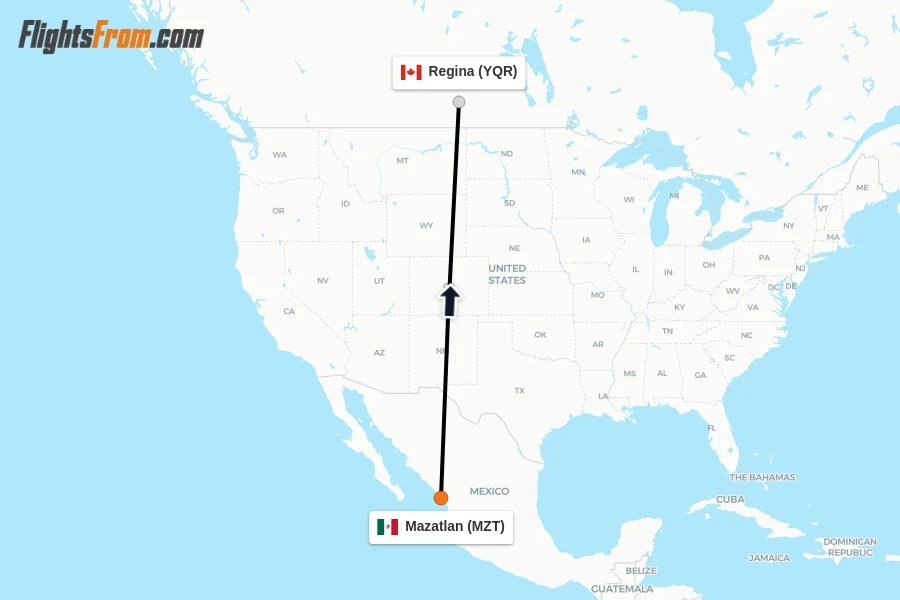 Flights from Mazatlan to Regina route map