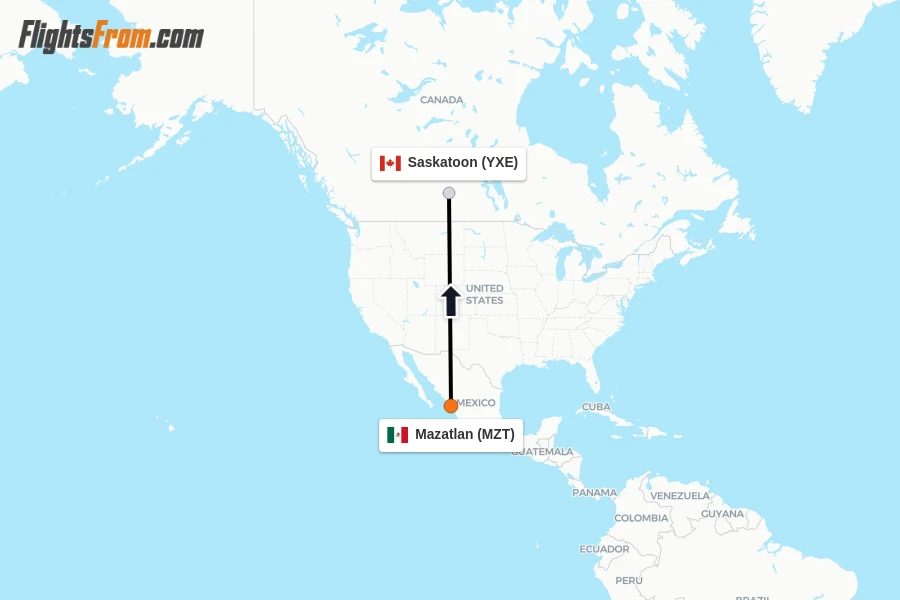 Flights from Mazatlan to Saskatoon route map