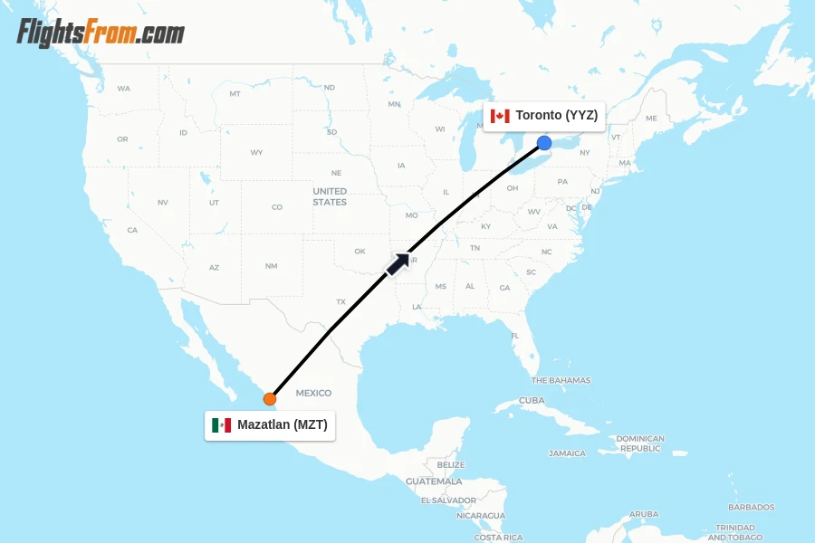 Flights from Mazatlan to Toronto route map