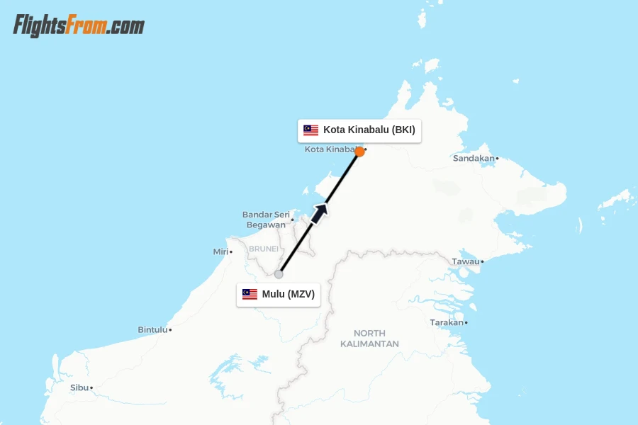 Flights from Mulu to Kota Kinabalu route map
