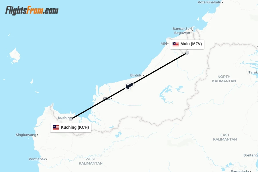 Flights from Mulu to Kuching route map