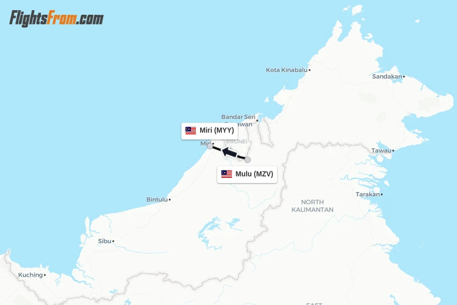Flights from Mulu to Miri route map