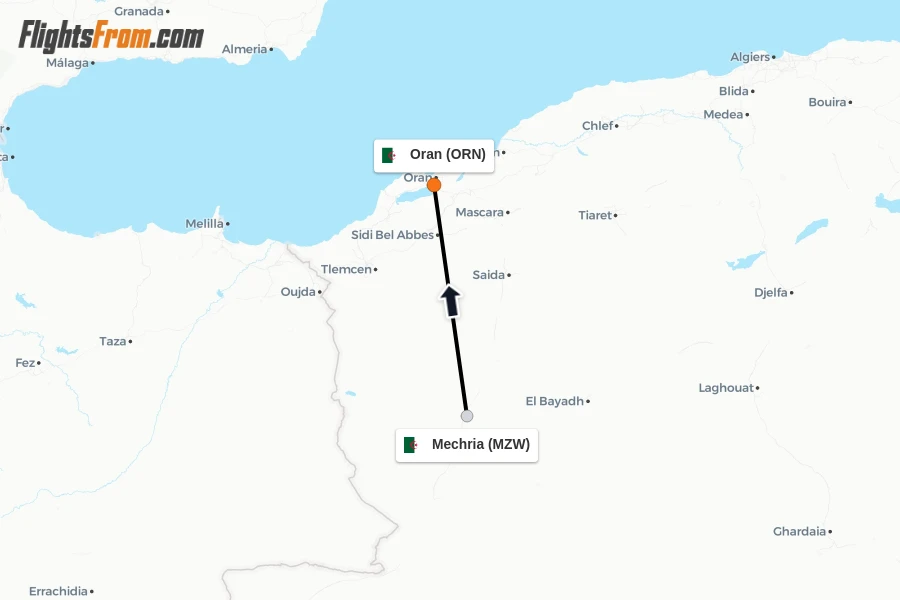 Flights from Mechria to Oran route map