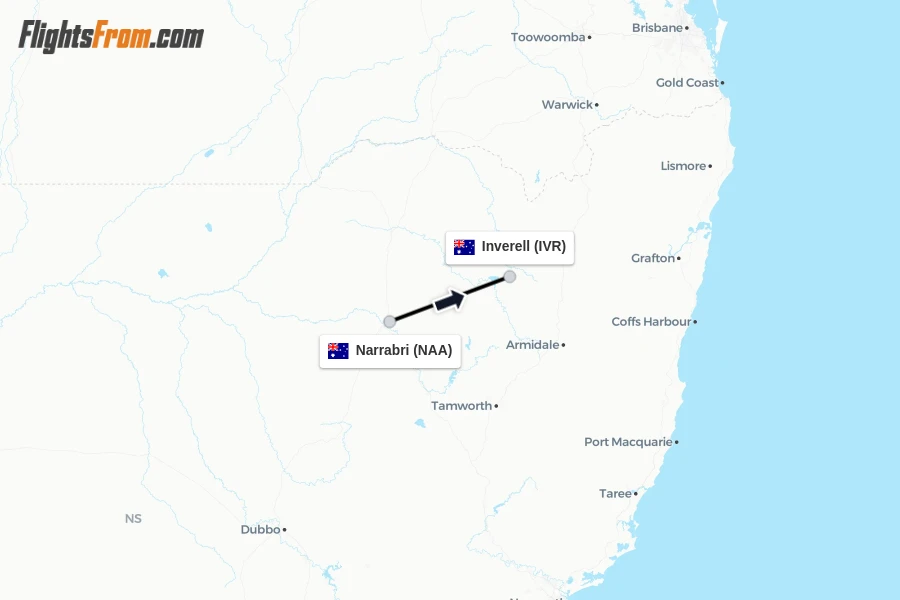 Flights from Narrabri to Inverell route map