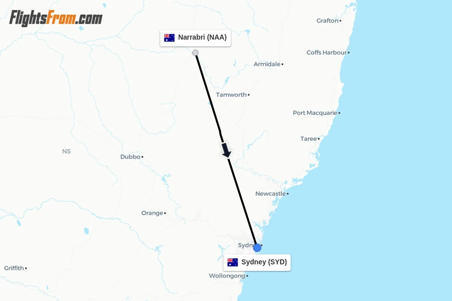 Flights from Narrabri to Sydney route map