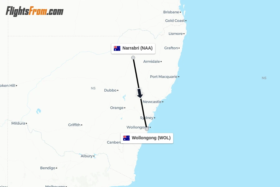 Flights from Narrabri to Wollongong route map