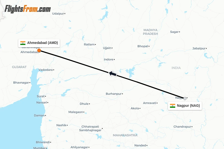 Flights from Nagpur to Ahmedabad route map