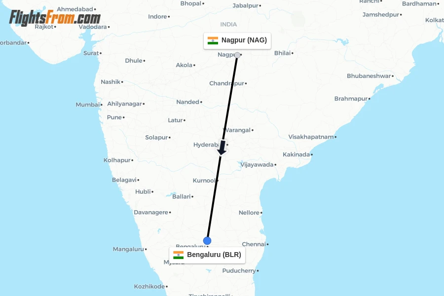 Flights from Nagpur to Bengaluru route map