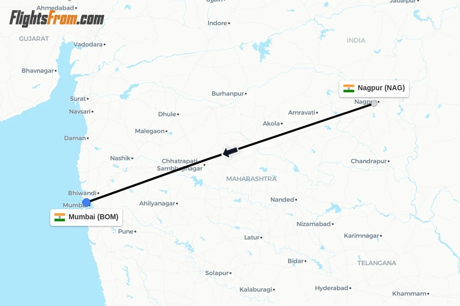 Flights from Nagpur to Mumbai route map